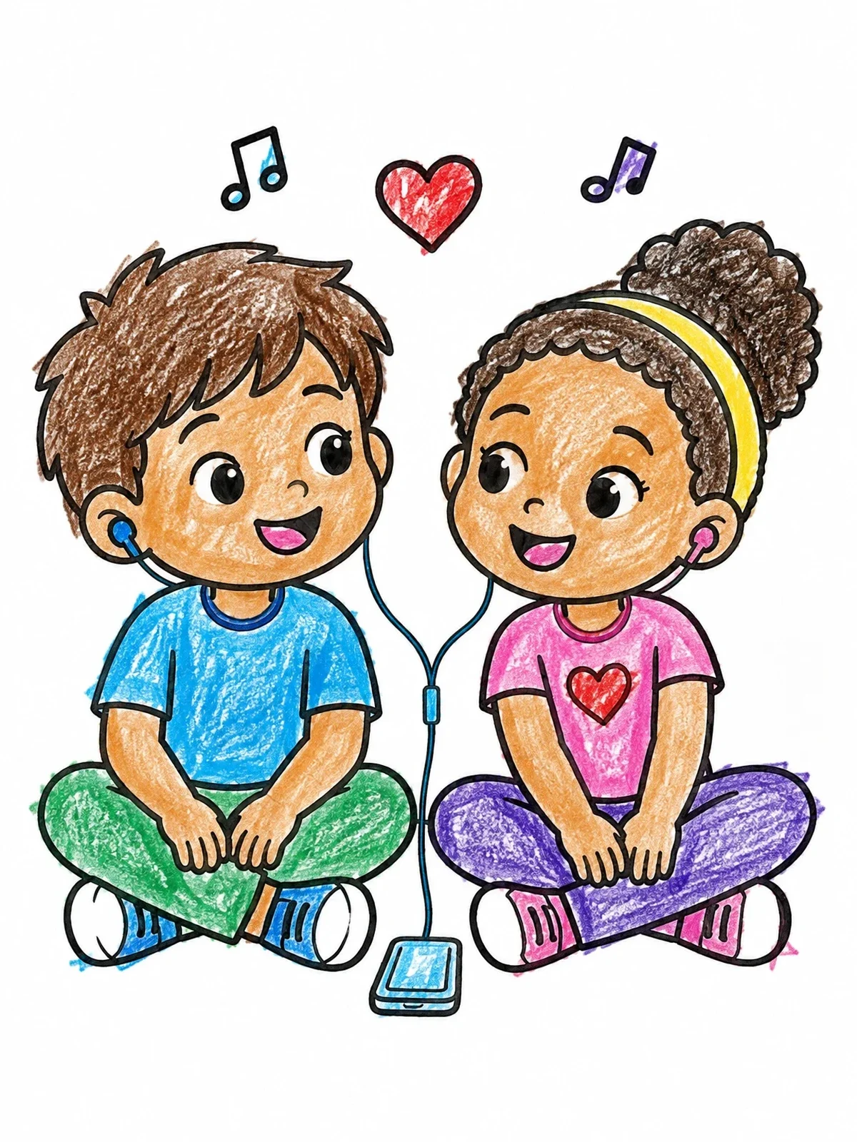 Colored example of the Boy And Girl Listening To Music coloring page