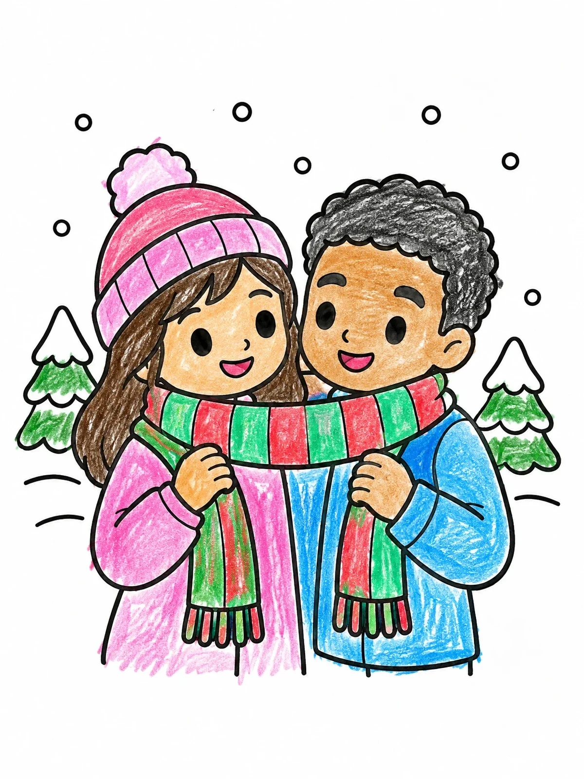 Colored example of the Sharing A Scarf In The Snow coloring page