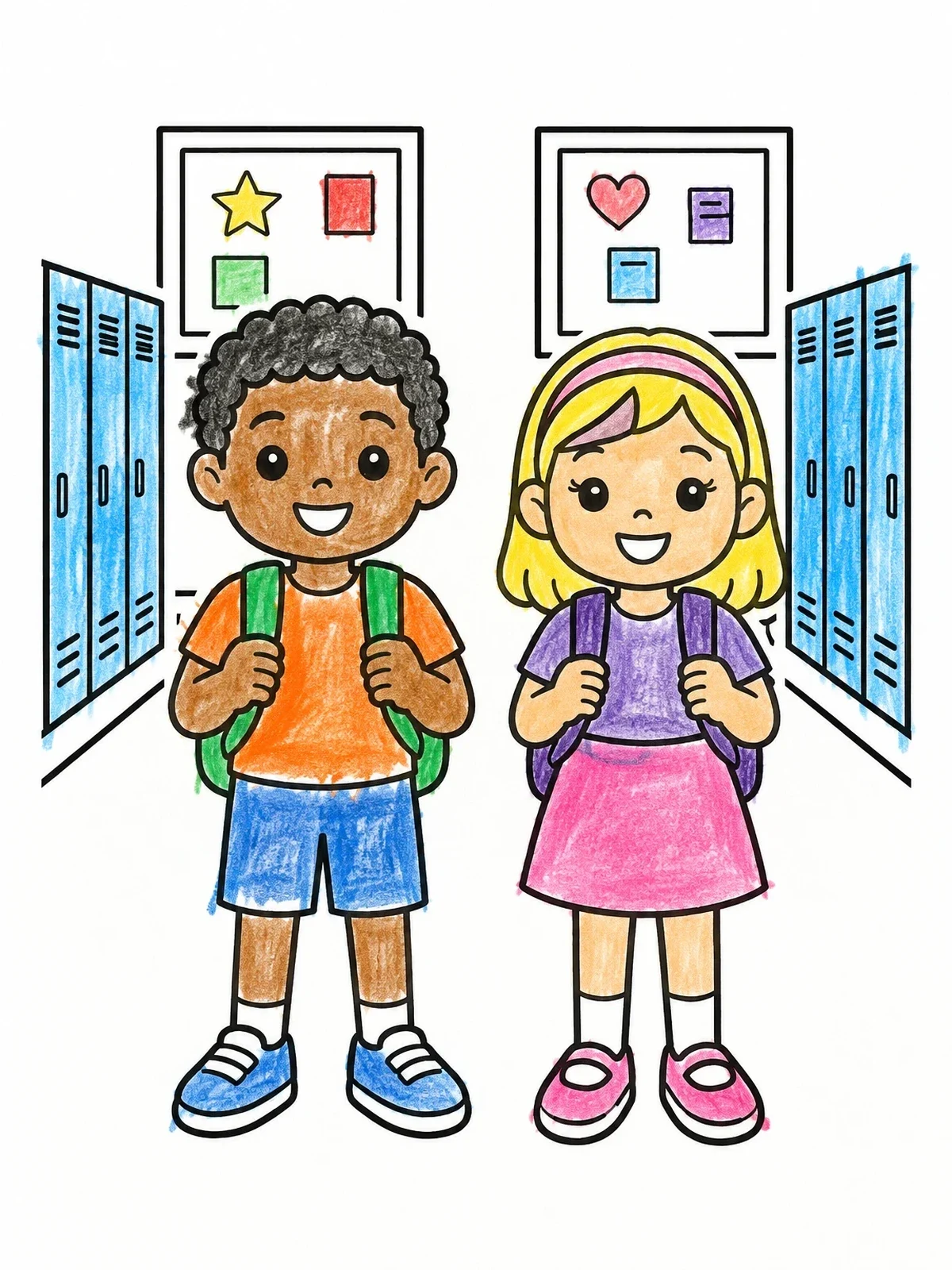 Colored example of the Students In The School Hallway coloring page