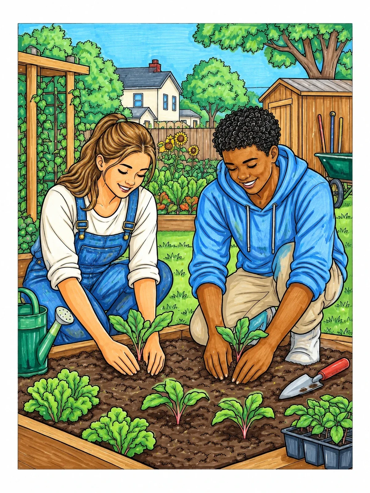 Colored example of the Teens Planting In Community Garden coloring page