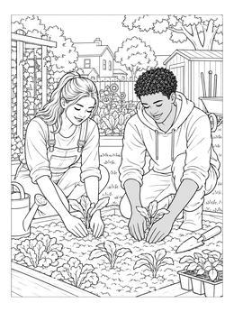 Free printable Teens Planting In Community Garden coloring page