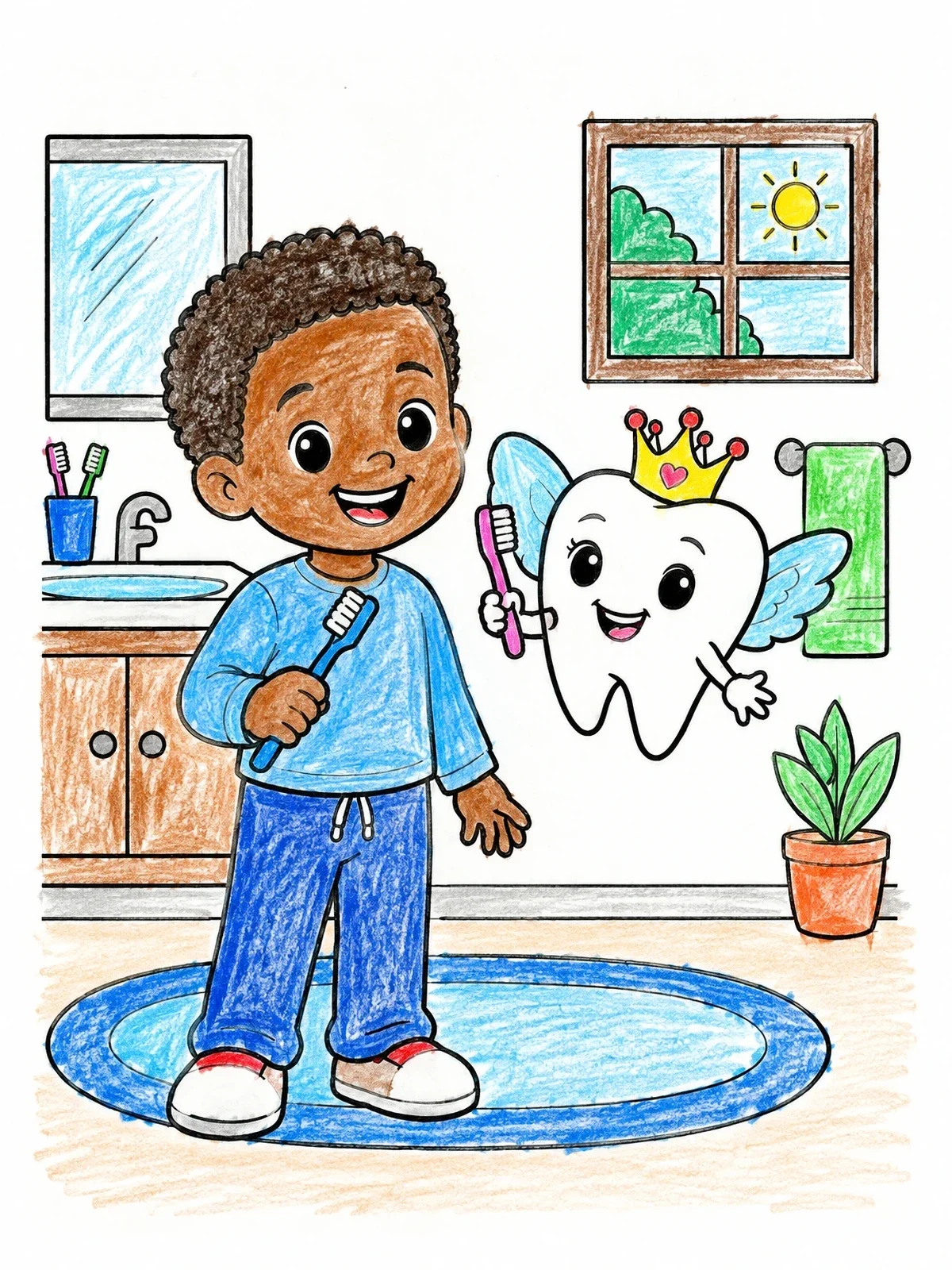 Colored example of the Boy And Tooth Fairy With Toothbrushes coloring page