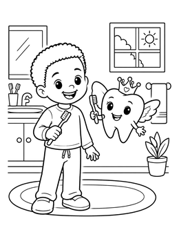 A cheerful boy and winged tooth on this tooth fairy coloring page.