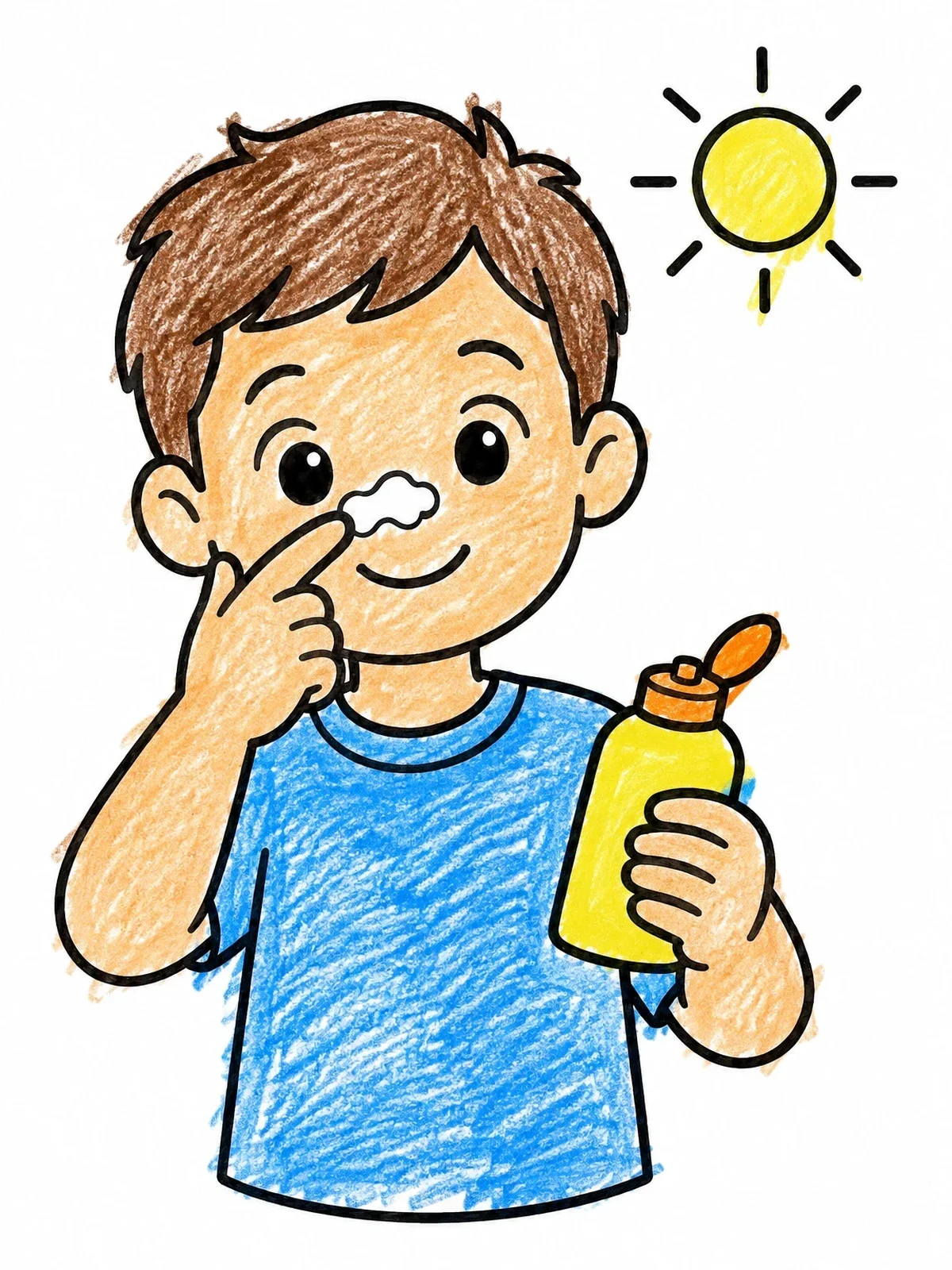 Colored example of the Boy Applying Sunscreen On Nose coloring page
