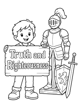 Boy holding a sign in an armor of god coloring page next to a knight's armor.
