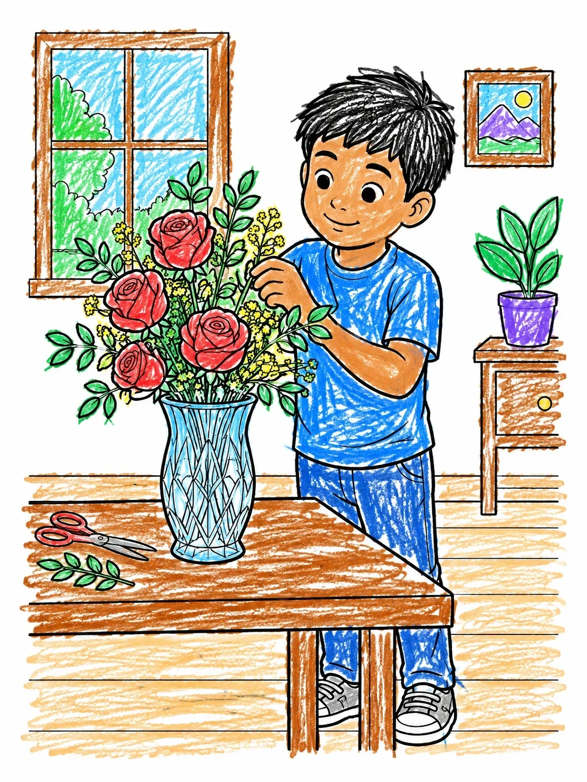 Colored example of the Boy Arranging Fresh Roses In Vase coloring page