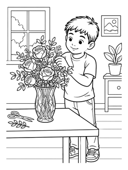 Free printable Boy Arranging Fresh Roses In Vase coloring page