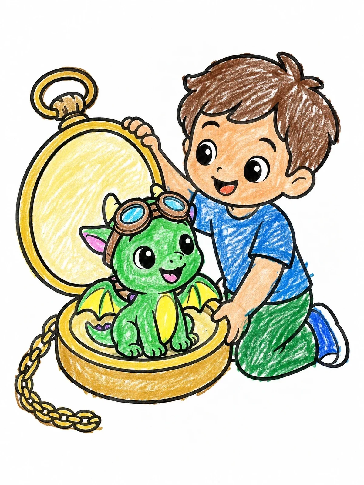 Colored example of the Boy With Baby Steampunk Dragon coloring page