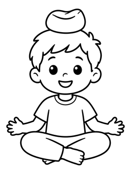 A cheerful boy balances a beanbag on his head in this yoga coloring page.