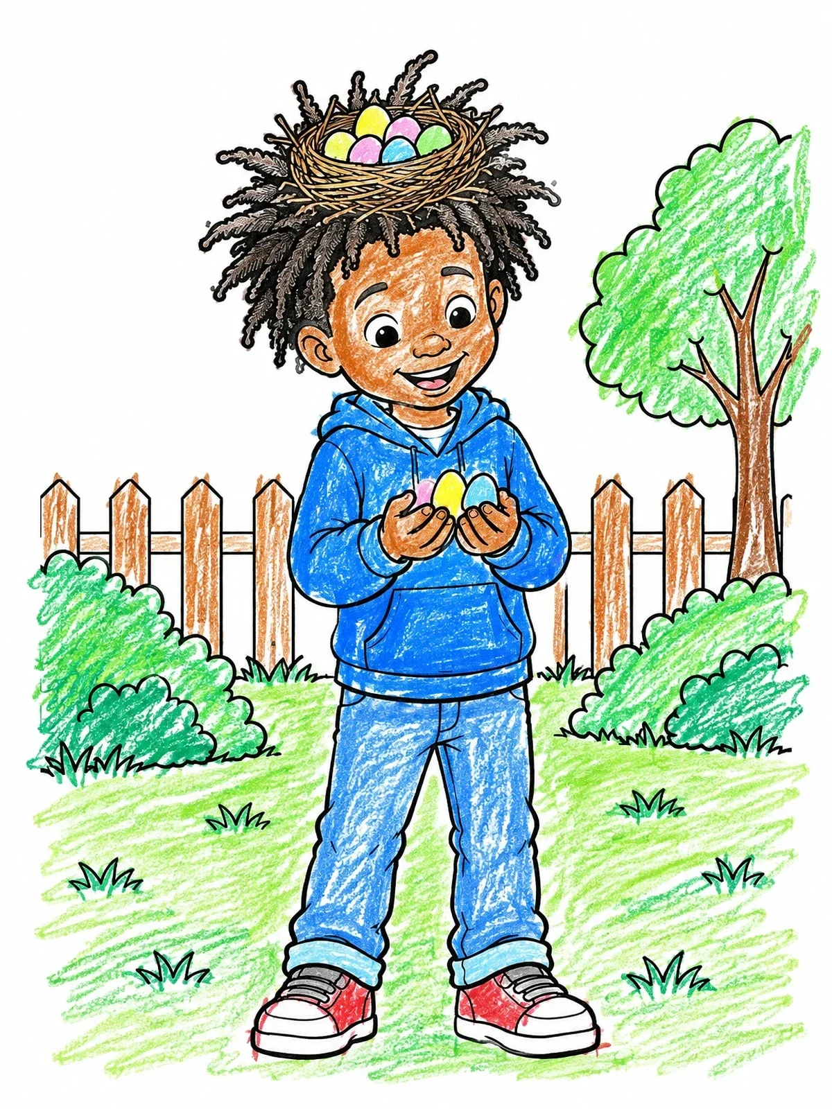 Colored example of the Bird Nest Hair With Eggs coloring page