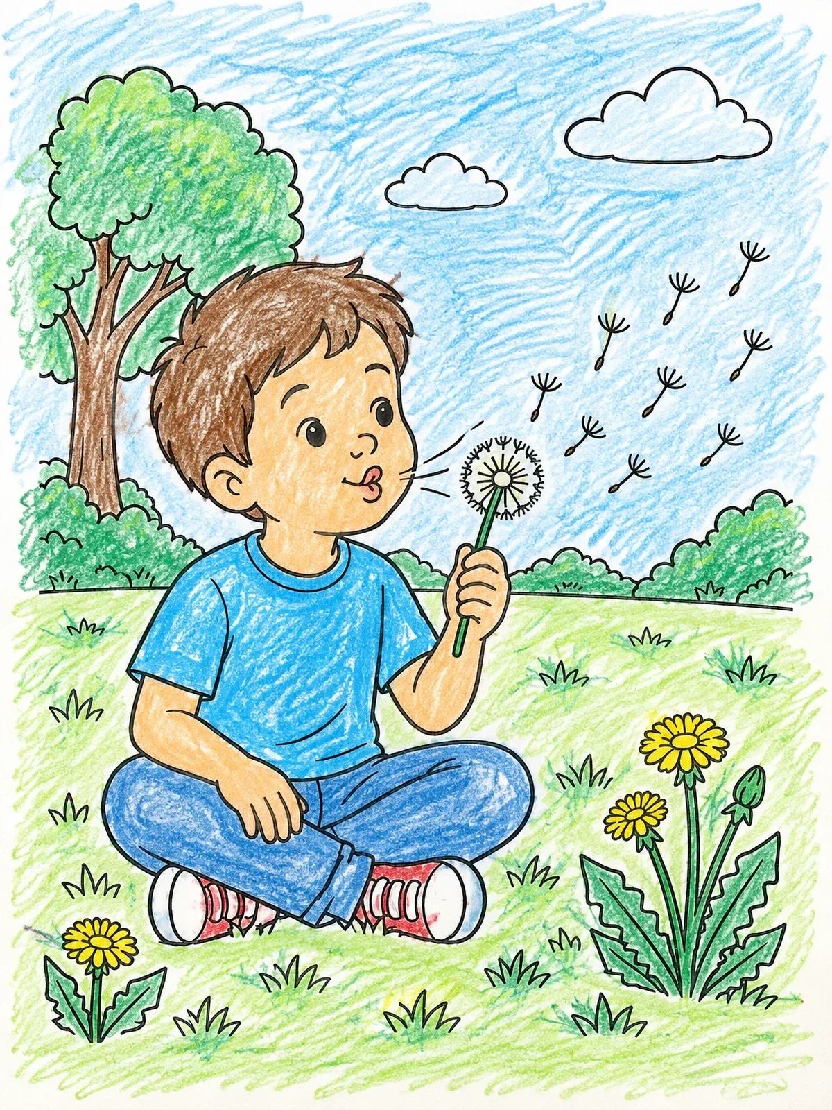 Colored example of the Boy Blowing Dandelion Seeds In Park coloring page
