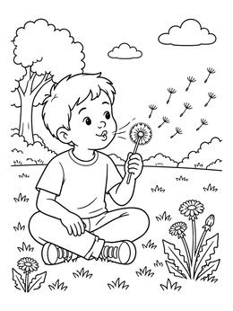 Free printable Boy Blowing Dandelion Seeds In Park coloring page