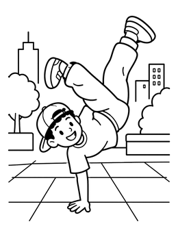A cool dance coloring page of a young boy balancing on one hand in the city.