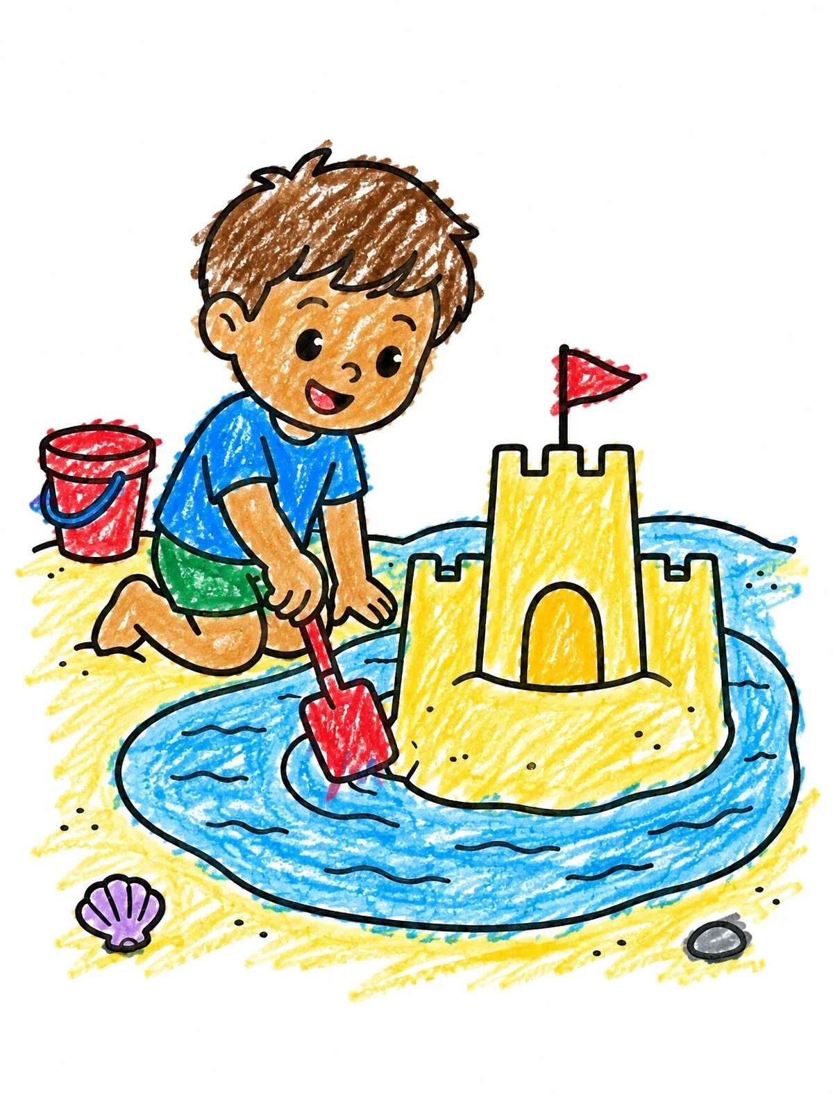 Colored example of the Boy Building A Sandcastle Moat coloring page