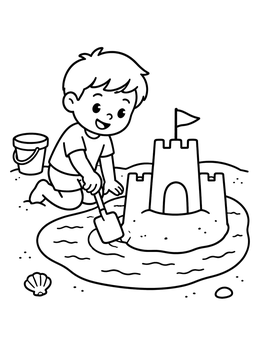 A cheerful boy digging around a tower on this sand castle coloring page.