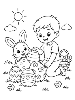 A cheerful boy and a cute rabbit find colorful patterns in this easter egg coloring page.