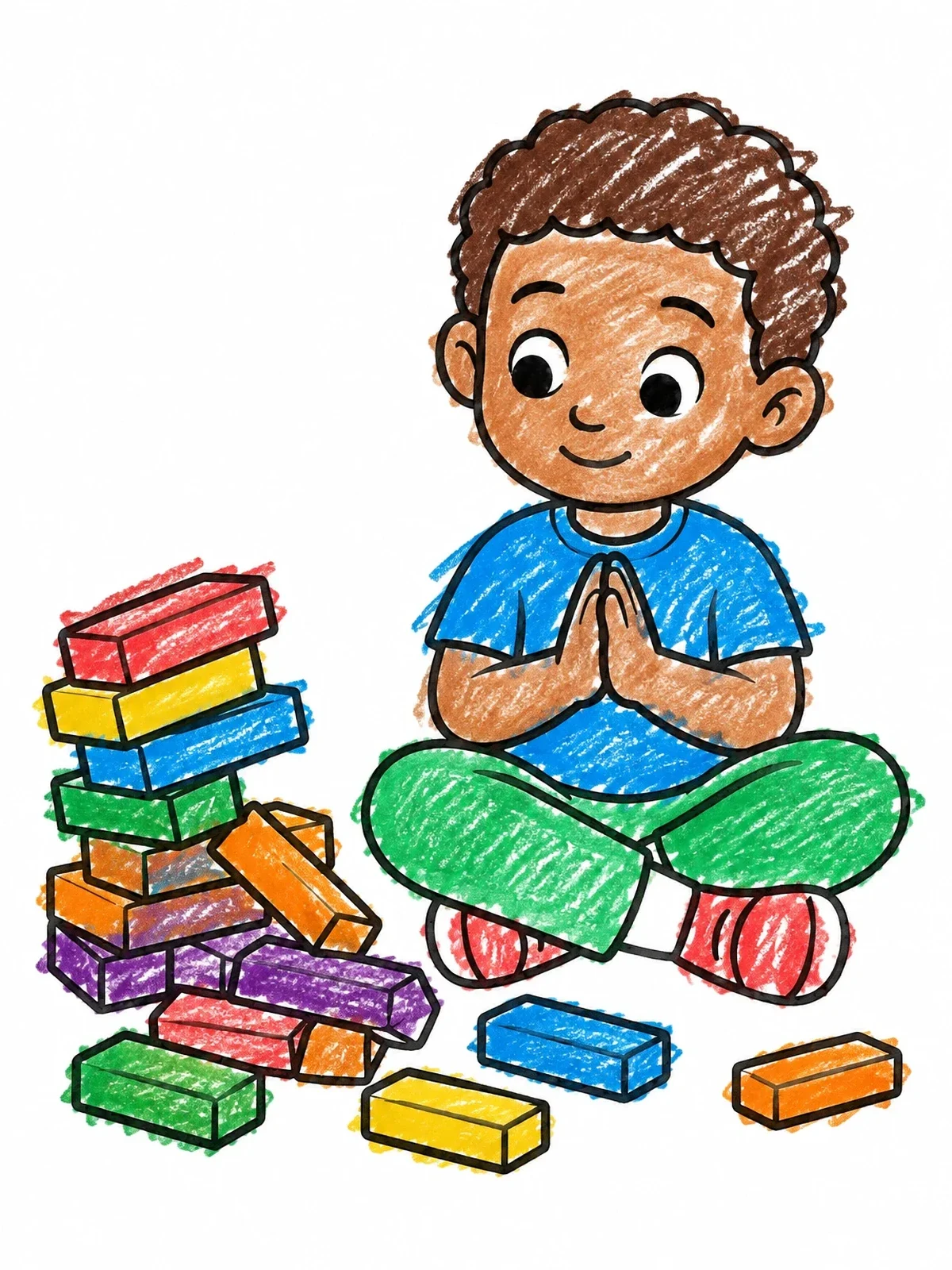 Colored example of the Boy Staying Calm By Fallen Blocks coloring page