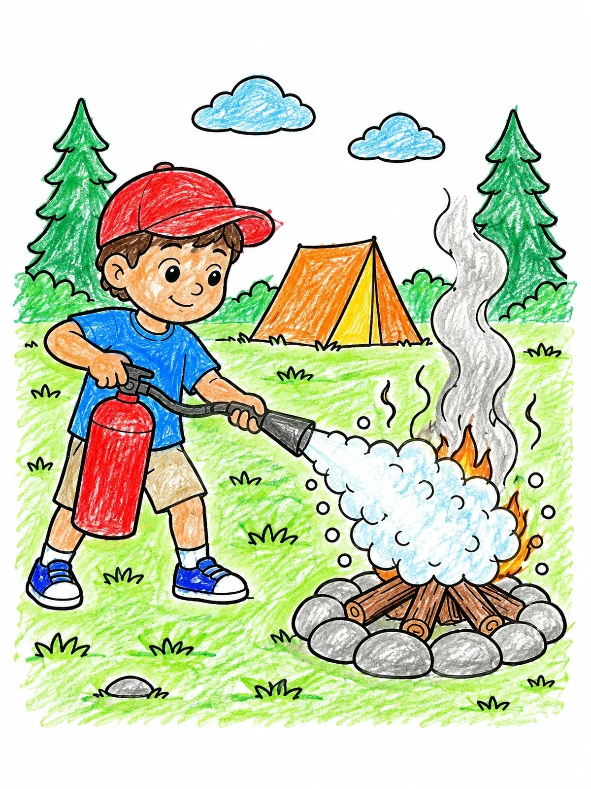 Colored example of the Boy Putting Out Campfire With Extinguisher coloring page