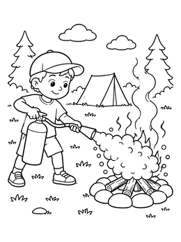 Free printable Boy Putting Out Campfire With Extinguisher coloring page