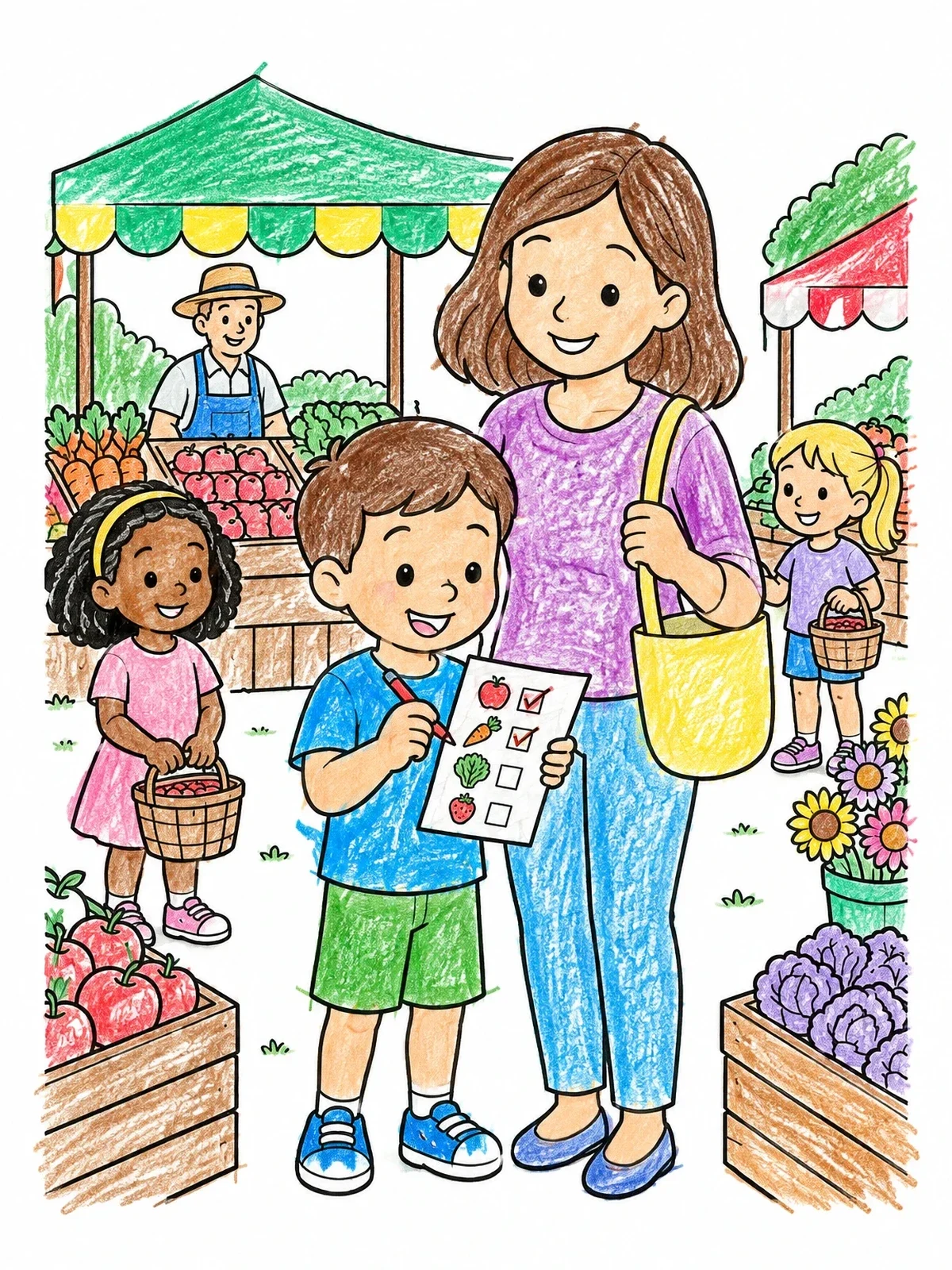 Colored example of the Boy Checking Shopping List At Market coloring page