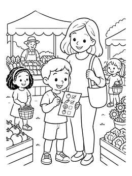 Free printable Boy Checking Shopping List At Market coloring page