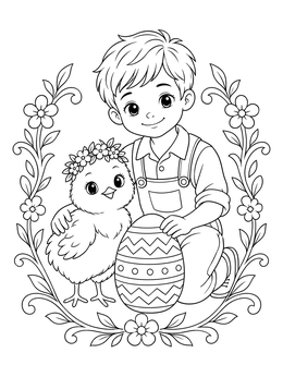 A smiling boy kneels by a baby chick on this easter eggs coloring page.