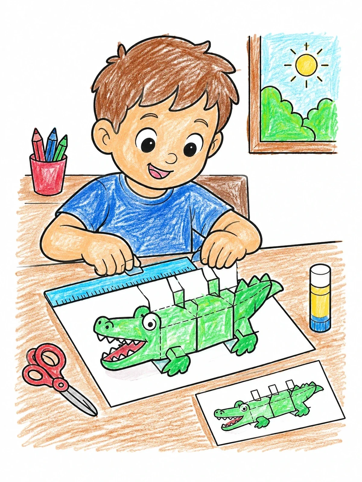 Colored example of the Boy Crafting A Paper Alligator coloring page