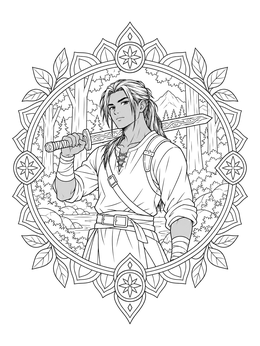 An anime warrior rests a sword on his shoulder in this boy cute anime coloring page.