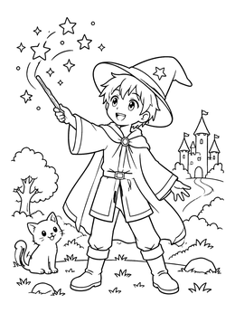 Free printable Young Anime Wizard With Wand And Kitten coloring page