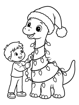 Free printable Boy Decorating Cute Christmas Dinosaur coloring page
