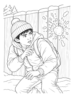 A snowball coloring page showing a boy ducking as a snowball splashes against a fence.