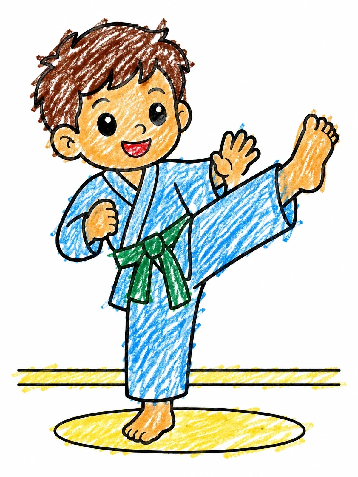 Colored example of the Boy Doing A High Karate Kick coloring page