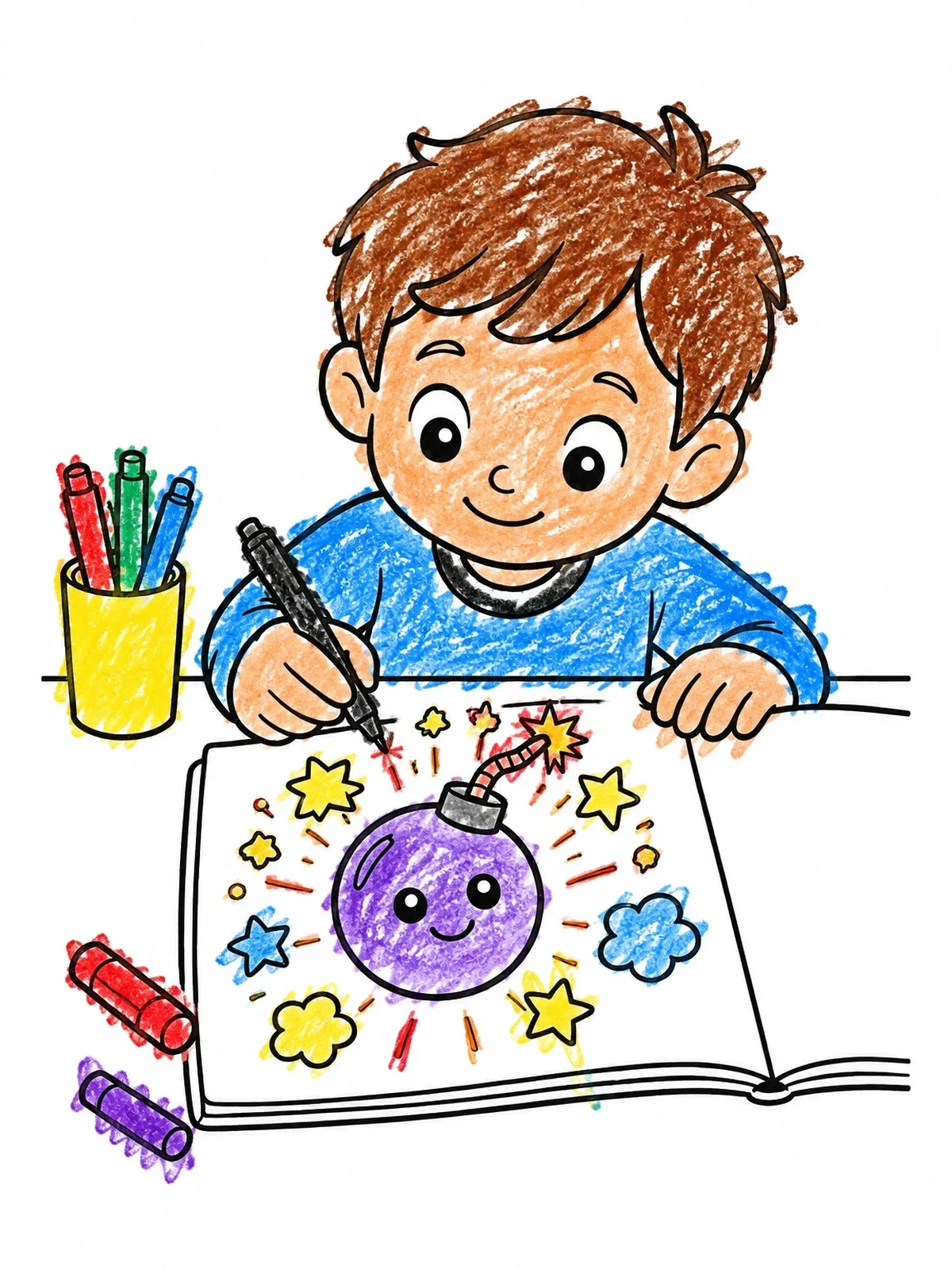 Colored example of the Boy Drawing A Cute Doodle Bomb coloring page