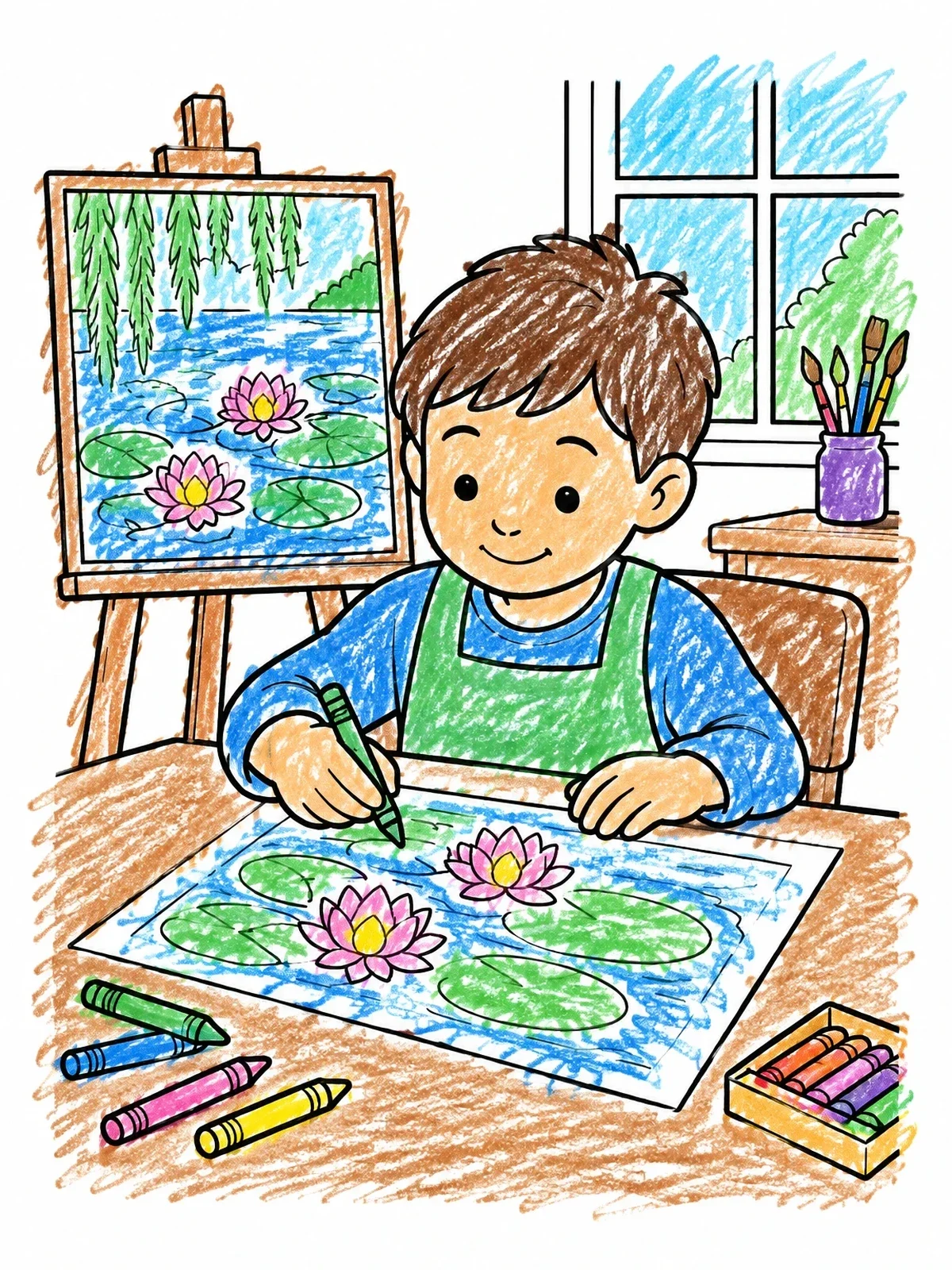 Colored example of the Young Artist Drawing Water Lilies coloring page