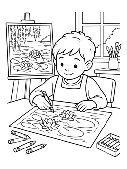Free printable Young Artist Drawing Water Lilies coloring page