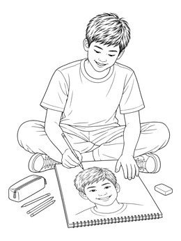 A smiling boy sketches his own face on a portrait coloring page.