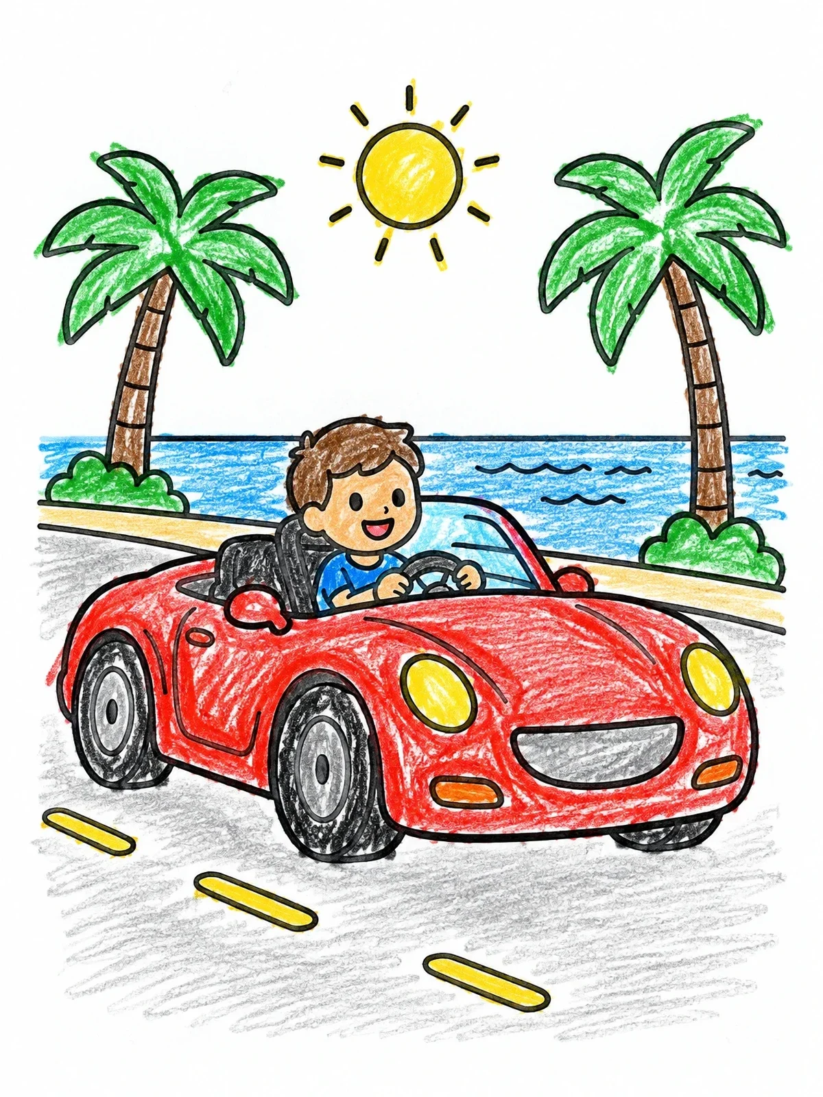 Colored example of the Boy Driving Convertible Sports Car coloring page