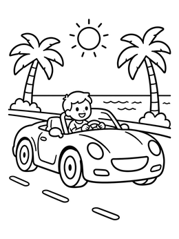 A cheerful boy drives along the coast in this sports coloring page.