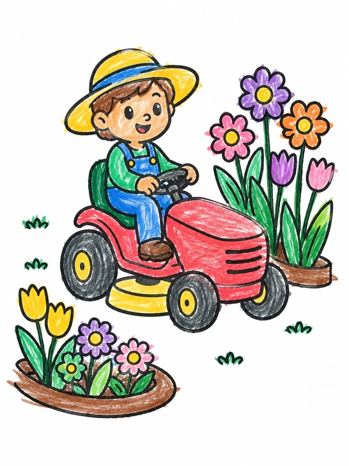 Colored example of the Boy Driving A Riding Mower coloring page