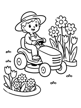Free printable Boy Driving A Riding Mower coloring page