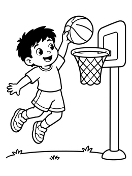 A cheerful young boy leaps high to score on this basketball hoop coloring page.