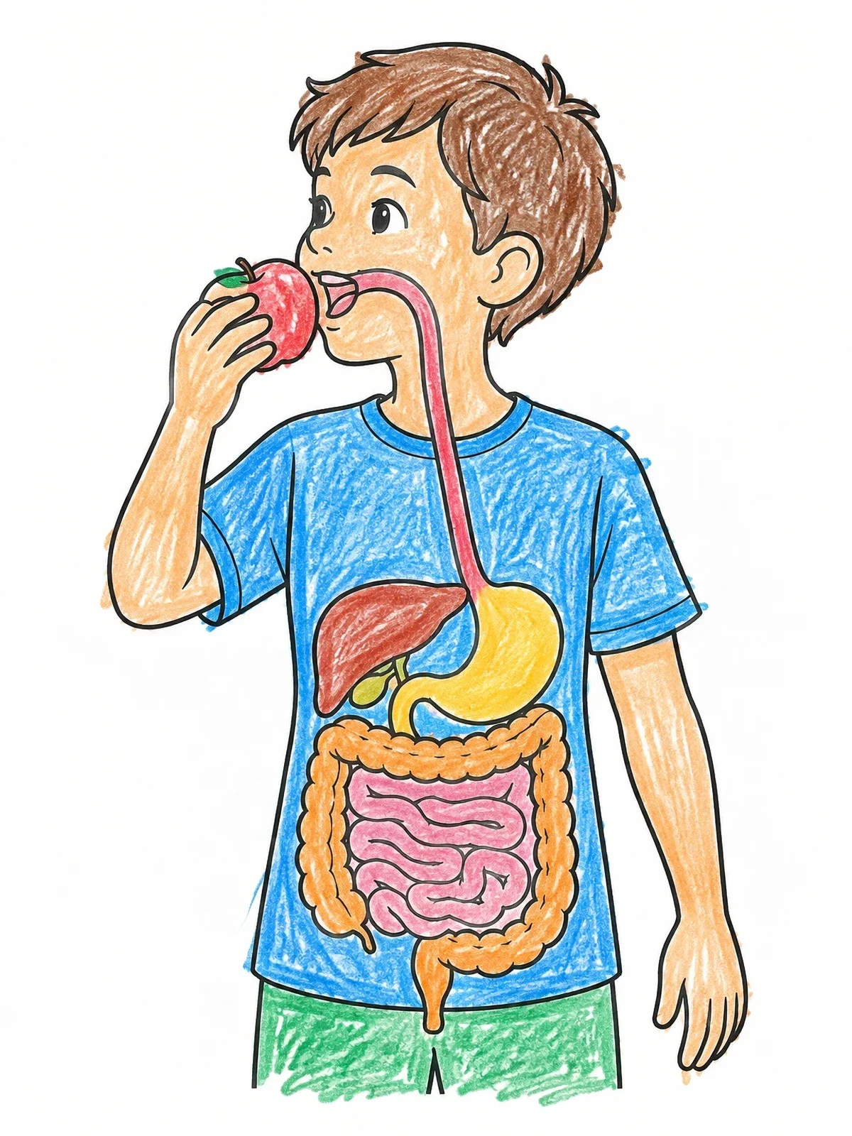 Colored example of the Boy Eating And Human Digestive System coloring page