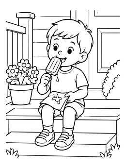 Free printable Boy Eating Popsicle On Porch Steps coloring page