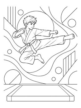 A dynamic karate coloring page showing a young boy leaping in the air doing a powerful side kick over a mat.