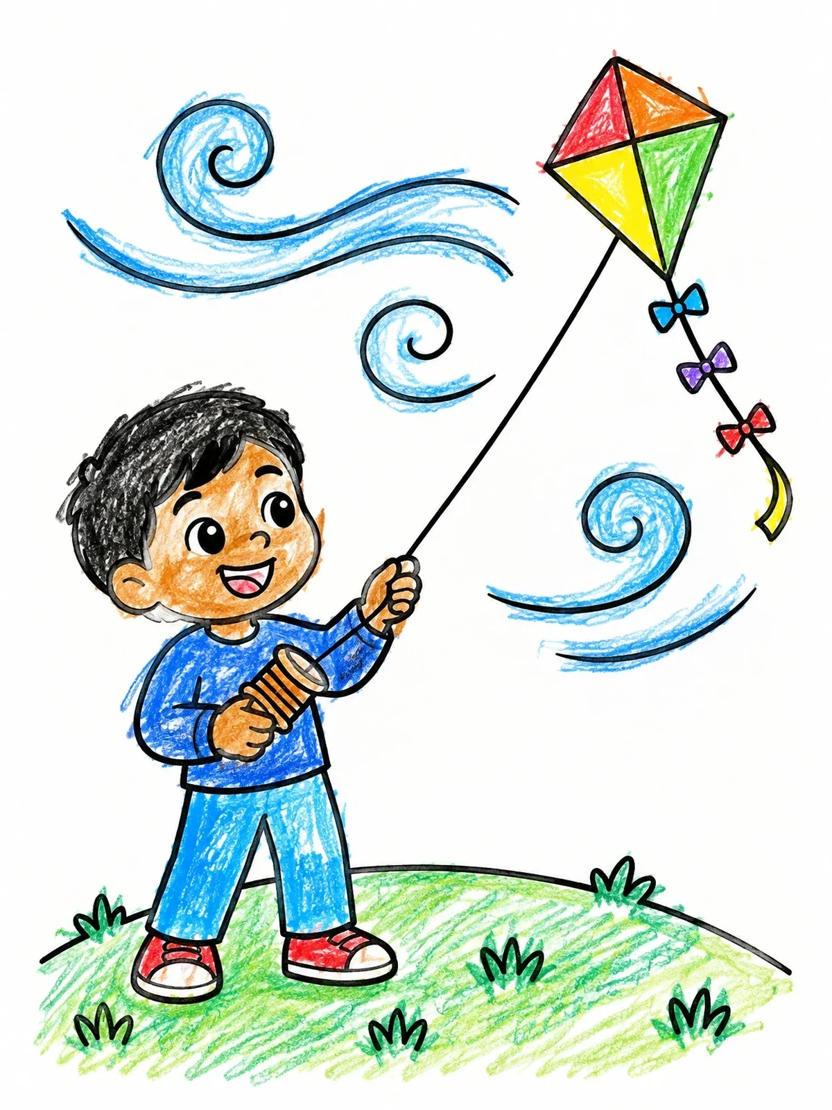 Colored example of the Boy Flying Kite On Hill coloring page