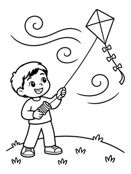 Free printable Boy Flying Kite On Hill coloring page