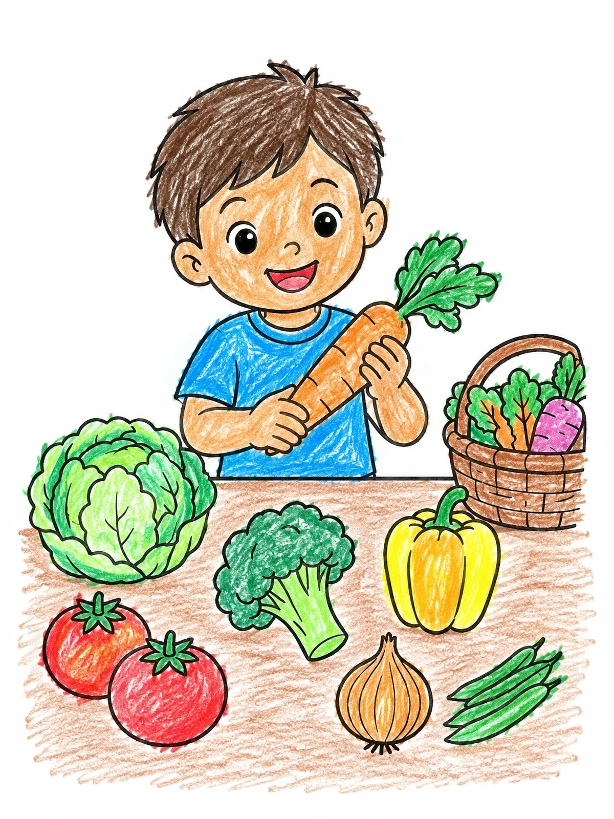 Colored example of the Boy With Fresh Garden Harvest coloring page