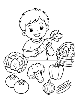 Free printable Boy With Fresh Garden Harvest coloring page