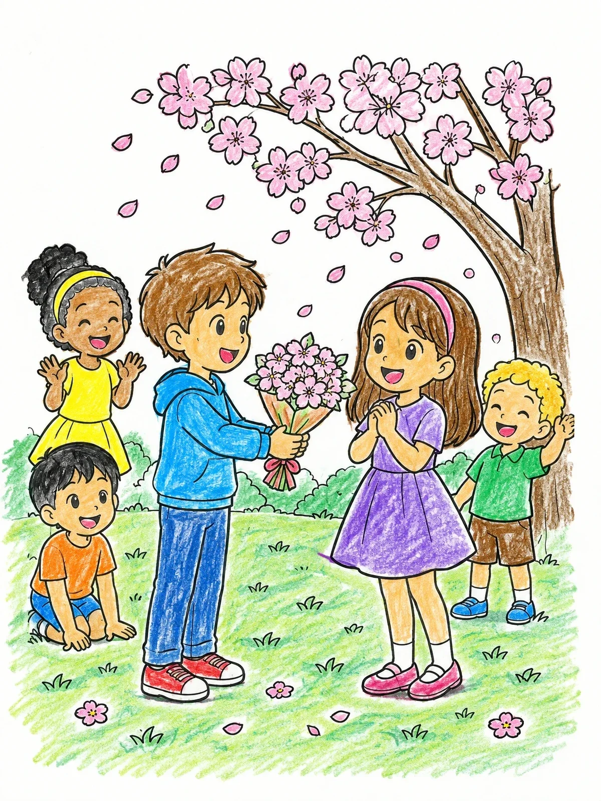 Colored example of the Boy Giving Flowers Under Blossom Tree coloring page