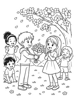Free printable Boy Giving Flowers Under Blossom Tree coloring page